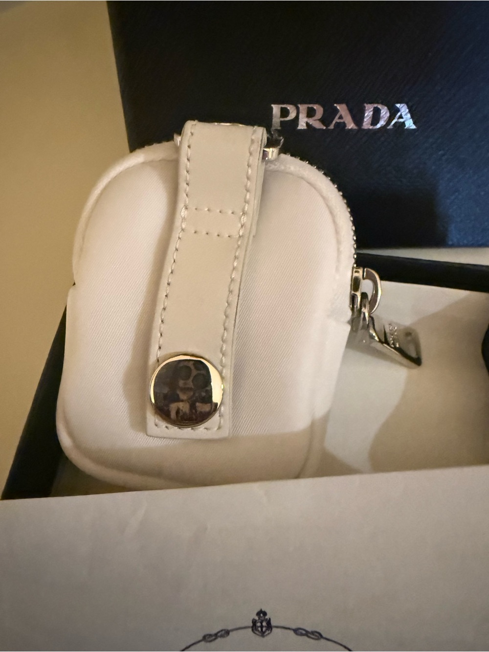Prada White Mini Pouch Keychain Charm – Silver Hardware – Box - Picture 2 of 6